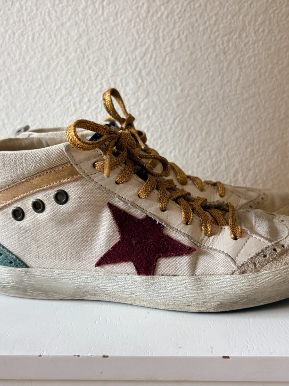 Golden Goose Mid Star Womens Sneakers 38 Burgundy Gold Leather Canvas Italy
